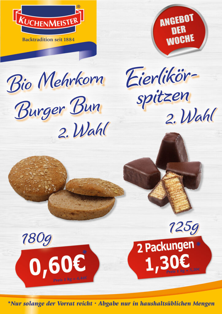 NEU Preisschilder Angebot der Woche KW22 2022 Mehrkorn Burger Bun und Eierlikörspitzen