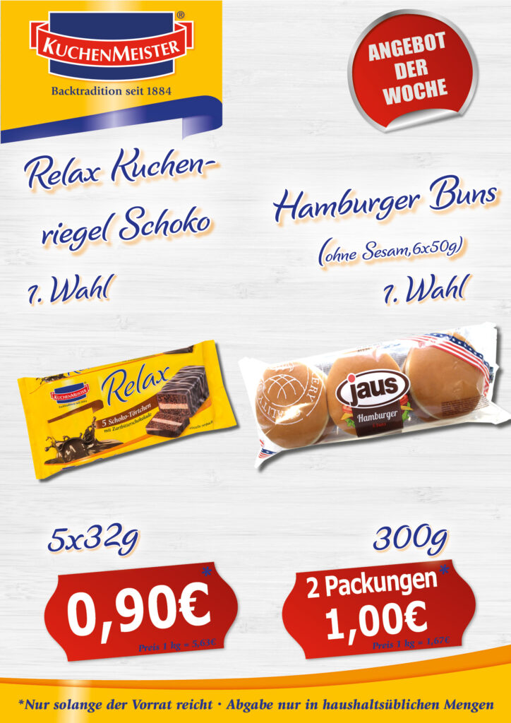 NEU Preisschilder Angebot der Woche KW24 2022 Relax Riegel und Hamburger Buns