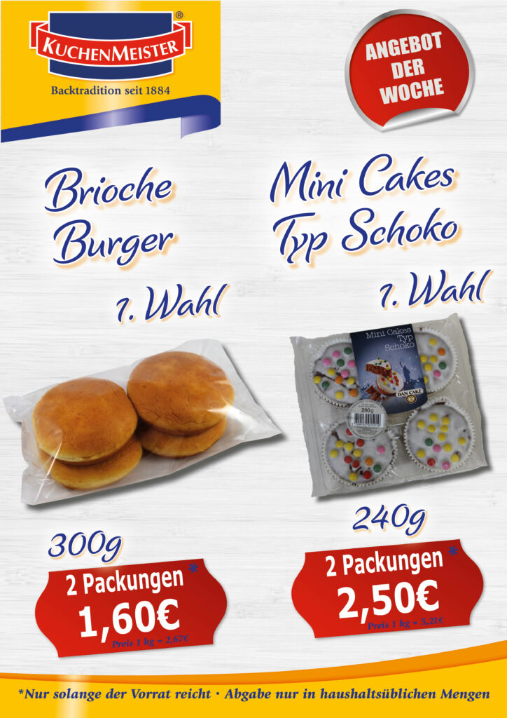 NEU Preisschilder Angebot der Woche KW03 2023 Brioche Burger und Mini Kuchen Schoko
