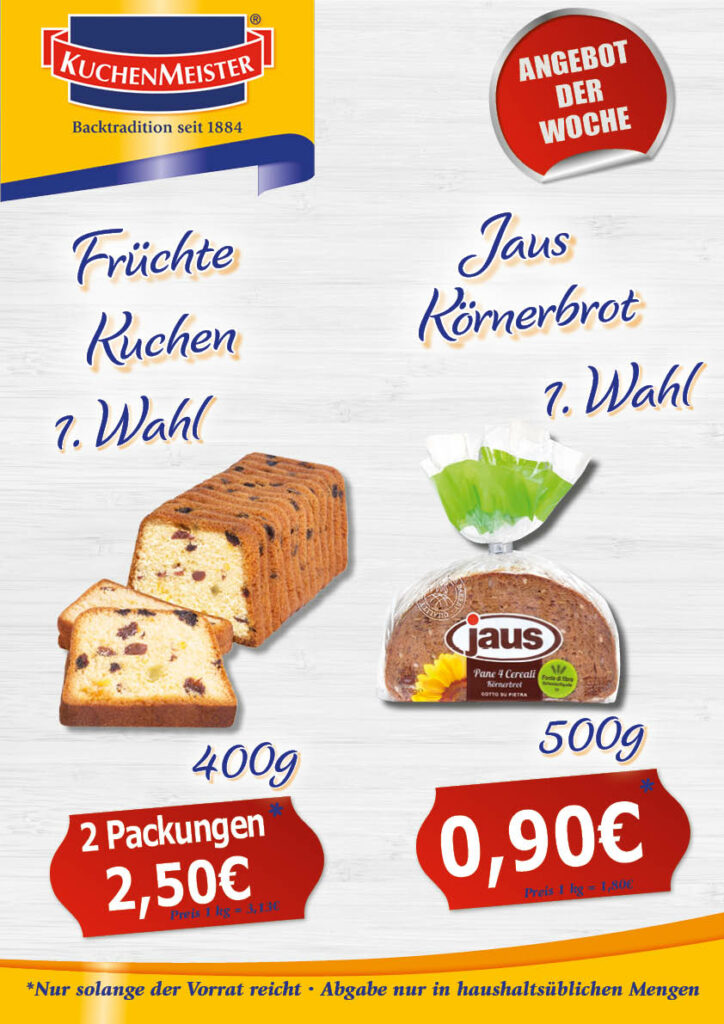 NEU Preisschilder Angebot der Woche KW43 2023 Jaus Körnerbrot und Früchtekuchen
