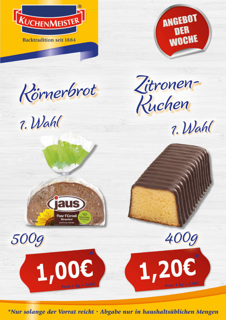 NEU Preisschilder Angebot der Woche KW16 2024 Zitronenkuchen und Jaus Körnerbrot